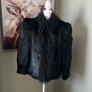 Elegant Black Rabbit Fur with Mongolian Trim Jacket Sz M